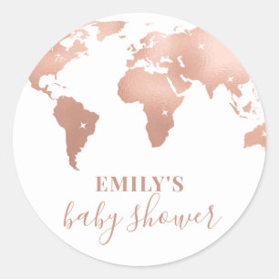 Sticker Rond Pink Gold World Map Voyage Baby shower d'aventure