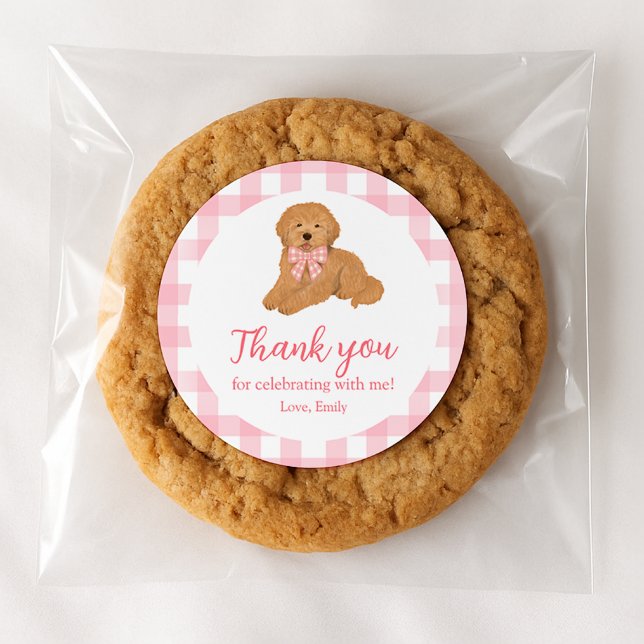 Sticker Rond Pink Golden Doodle Birthday Thank You Favor (Créateur téléchargé)