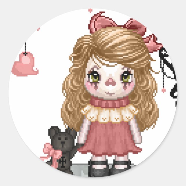 Sticker Rond Pink Gothique Love Doll Pixel Art (Devant)