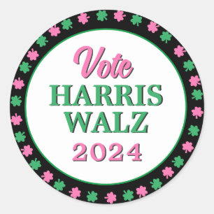 Sticker Rond Pink Green Clover 2024 Vote Harris Walz