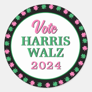 Sticker Rond Pink Green Clover 2024 Vote Harris Walz