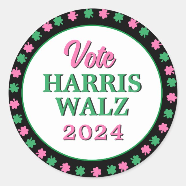 Sticker Rond Pink Green Clover 2024 Vote Harris Walz (Devant)