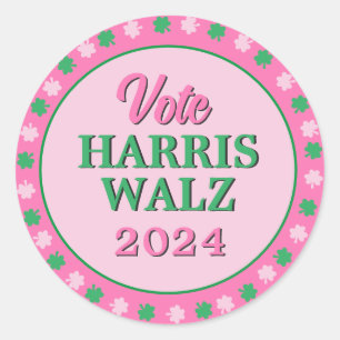 Sticker Rond Pink Green Clover 2024 Vote Harris Walz
