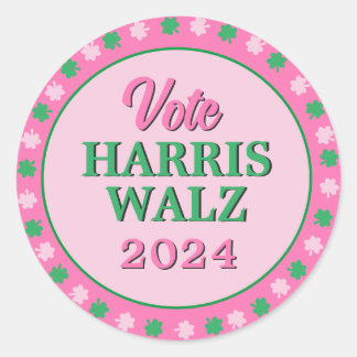 Sticker Rond Pink Green Clover 2024 Vote Harris Walz