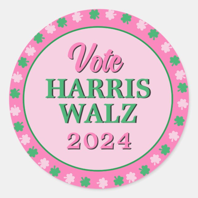 Sticker Rond Pink Green Clover 2024 Vote Harris Walz (Devant)