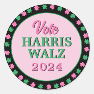 Sticker Rond Pink Green Clover 2024 Vote Harris Walz