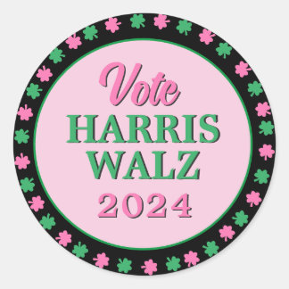 Sticker Rond Pink Green Clover 2024 Vote Harris Walz