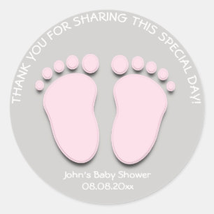 Sticker Rond Pink Grey Pieds Baby shower Faveur Cadeau Fille de