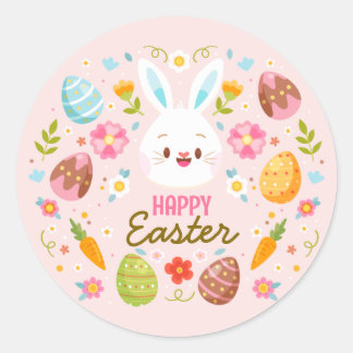Sticker Rond Pink Happy Easter BunnySpring  Floral 