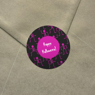Sticker Rond Pink Happy Halloween Dancing Skeletons Motif