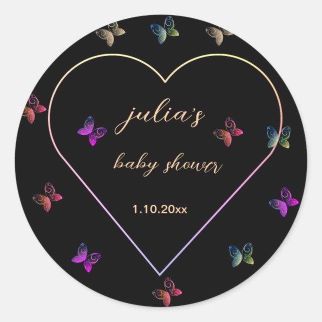 Sticker Rond Pink Heart Butterfly girl baby shower  (Devant)