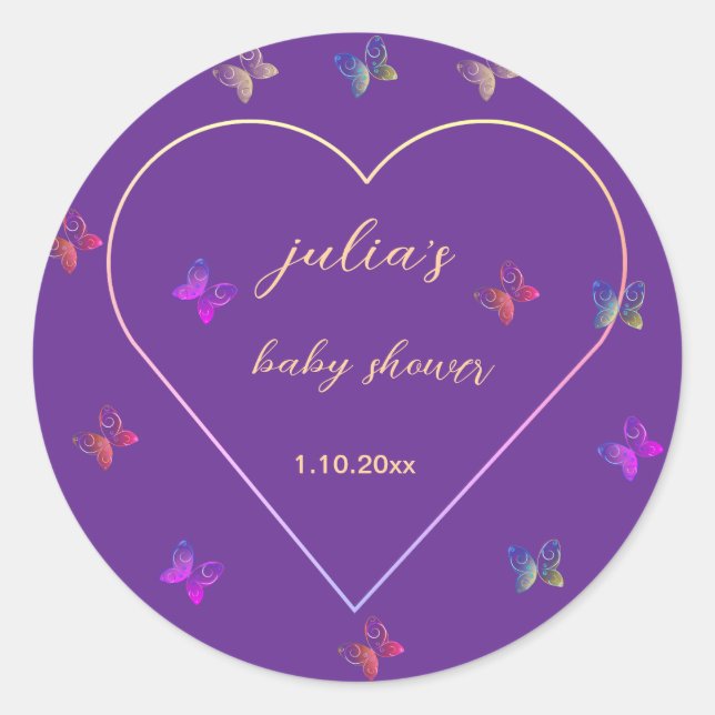 Sticker Rond Pink Heart Butterfly girl baby shower  (Devant)
