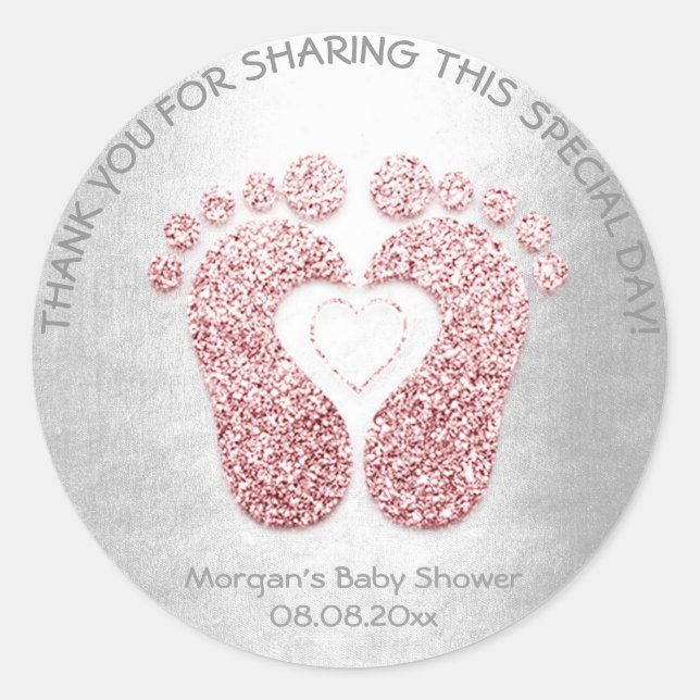 Sticker Rond Pink Heart Pieds Baby shower Parties scintillant M (Devant)