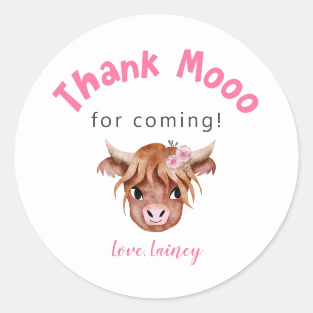 Sticker Rond Pink Highland Cow Anniversaire Fête Favoriser (Devant)
