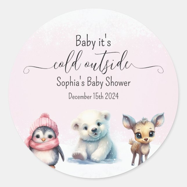 Sticker Rond Pink hiver froid à l'extérieur Baby shower fille (Devant)