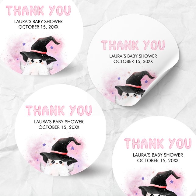 Sticker Rond Pink Little Boo Ghost Witch Baby Shower (Little Boo Halloween Baby Shower Round Sticker)