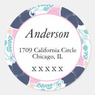 Sticker Rond Pink, Navy & Turquoise Floral Adresse de retour Se