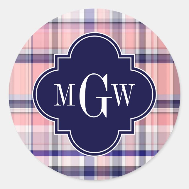Sticker Rond Pink Navy White Preppy Madras Quatrefoil (Devant)