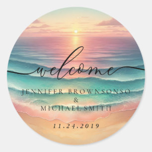 Sticker Rond Pink Ocean Beach Signature Boho Bienvenue Mariage