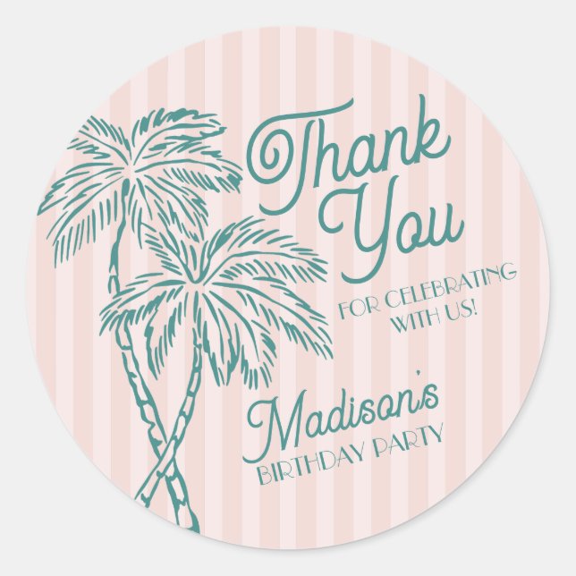 Sticker Rond Pink Palm Spring Pastel Beach Anniversaire Privilé (Devant)