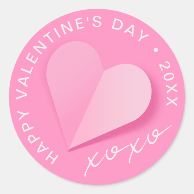 Sticker Rond Pink Paper Heart XOXO Happy Valentine's Day Love (Devant)