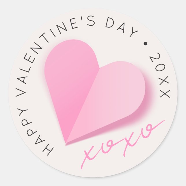 Sticker Rond Pink Paper Heart XOXO Happy Valentine's Day Love (Devant)