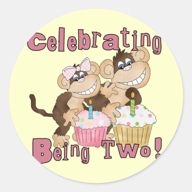 Sticker Rond Pink Party Monkey 2e Anniversaire Tshirts et cadea (Devant)