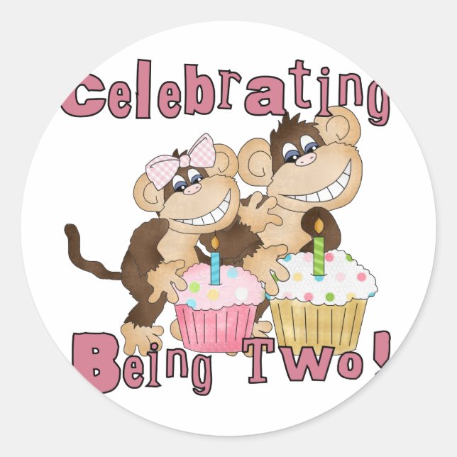 Sticker Rond Pink Party Monkey 2e Anniversaire Tshirts et cadea (Devant)