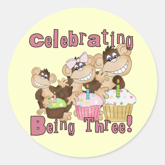 Sticker Rond Pink Party Monkey 3e Anniversaire Tshirts et cadea (Devant)