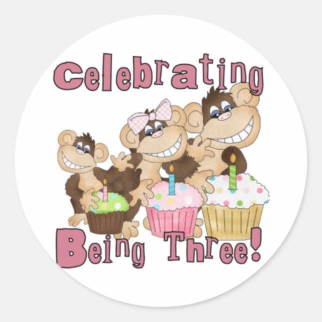 Sticker Rond Pink Party Monkey 3e Anniversaire Tshirts et cadea (Devant)