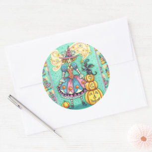 STICKER ROND PINK PARTY WITCH EST HALLOWEEN MAGIQUE, CHAT NOIR