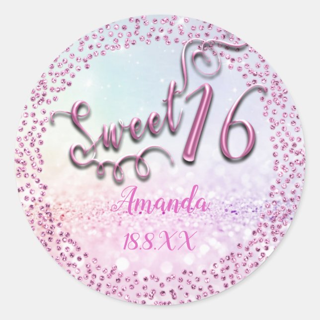 Sticker Rond Pink Pastel Ombre Sweet 16ème Parties scintillant  (Devant)