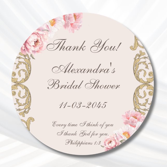 Sticker Rond Pink Peony Christian Bridal Shower Thank You (Créateur téléchargé)