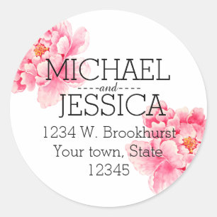 Sticker Rond Pink Peony Flowers Adresse personnalisée