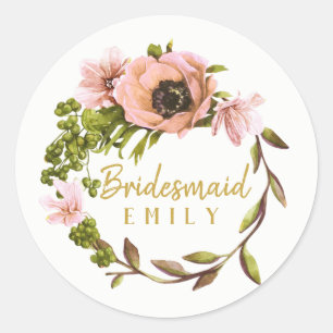 Sticker Rond Pink Peony Wreath Bridesmaid Nom ID456