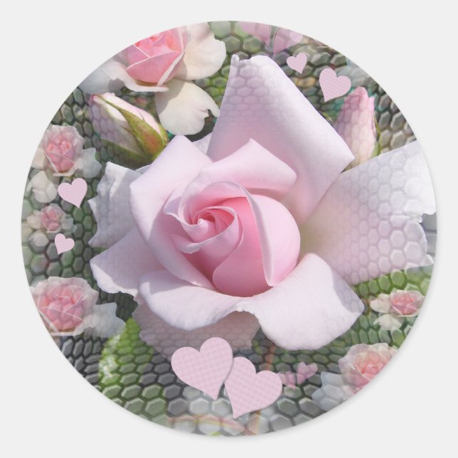 Sticker Rond Pink Perfection, Pretty pink Rose and Hearts (Devant)