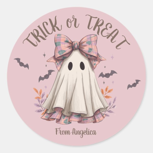 Sticker Rond Pink Plaid Bow mignon Fille Fantôme Halloween (Devant)