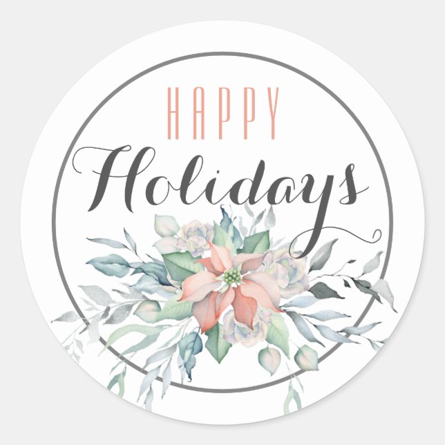 Sticker Rond Pink Poinsettia Joyeux Vacances / Blanc (Devant)