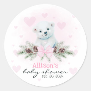 Sticker Rond Pink Polar Bear Cub Girl Heart Baby shower d'hiver