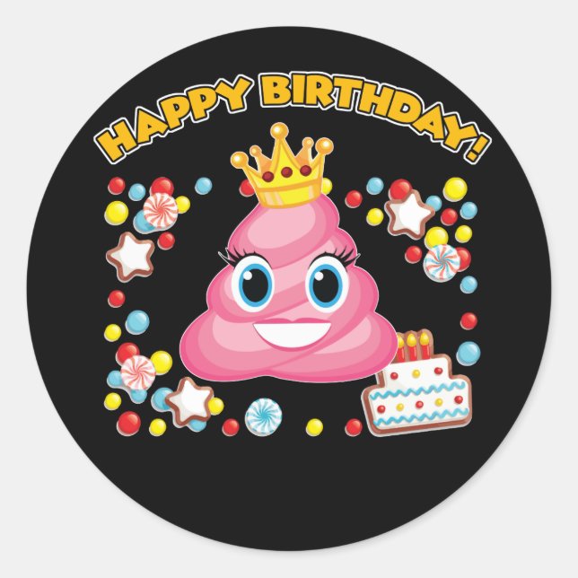 Sticker Rond Pink Poop Emoji Joyeuses Filles Anniversaires (Devant)