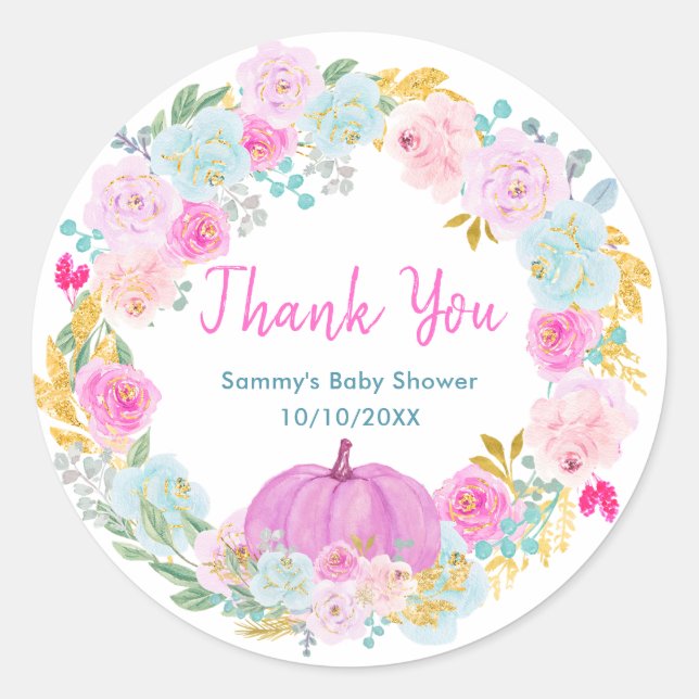 Sticker Rond Pink Pumpkin Floral Wreath Baby Shower Thank You (Devant)