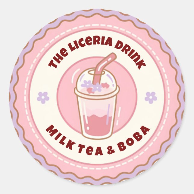 Sticker Rond Pink & Purple Cute Boba Milk Tea Logo  (Devant)