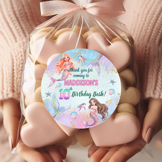 Sticker Rond Pink Purple Glitter Mermaids 10th Birthday Party (Créateur téléchargé)