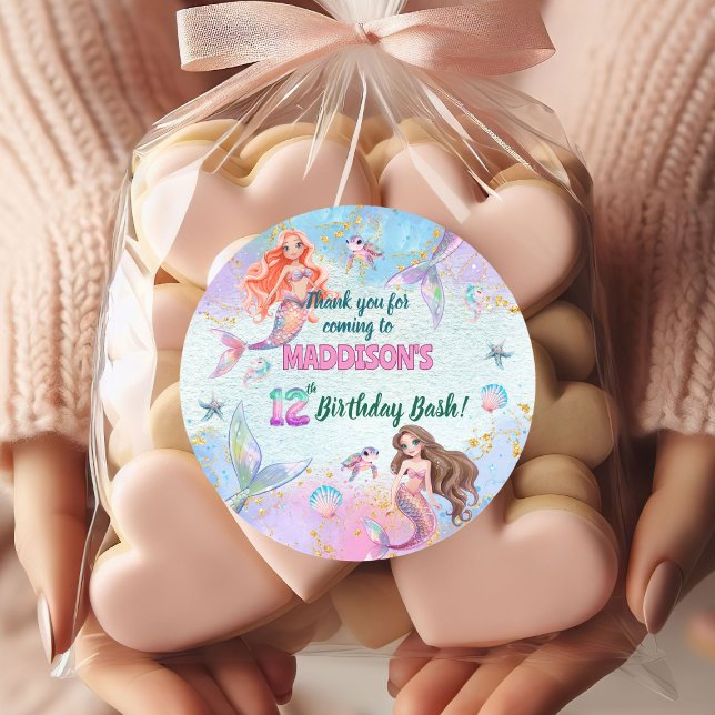 Sticker Rond Pink Purple Glitter Mermaids 12th Birthday Party (Créateur téléchargé)