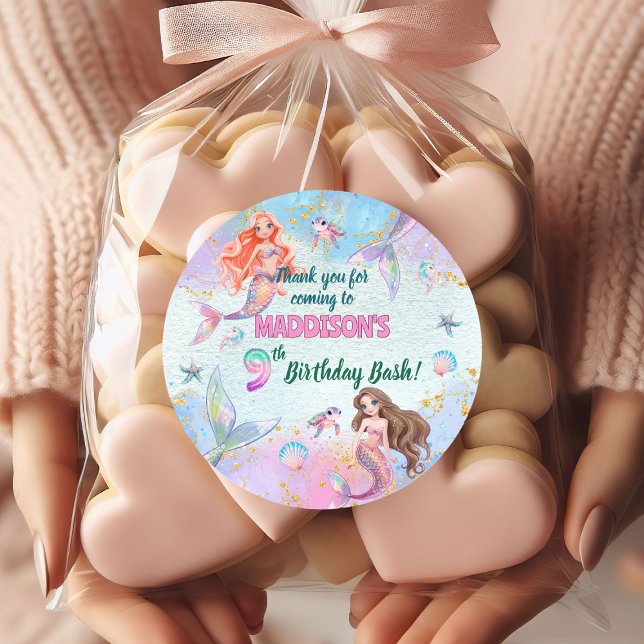 Sticker Rond Pink Purple Glitter Mermaids 9th Birthday Party (Créateur téléchargé)