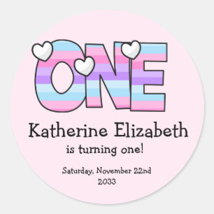 Sticker Rond Pink Purple Ombre Grille Coeurs Premier anniversai