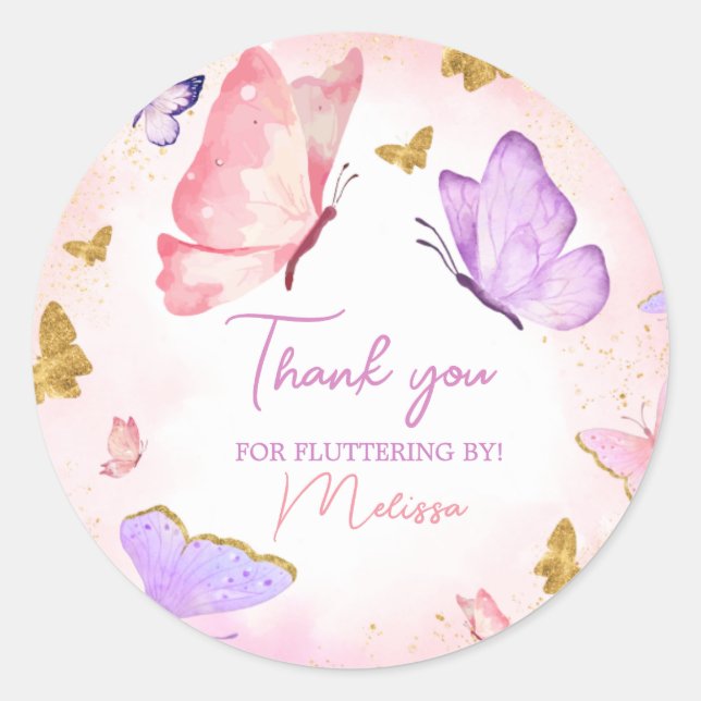 Sticker Rond Pink Purple Petit Papillon fête d'anniversaire (Devant)