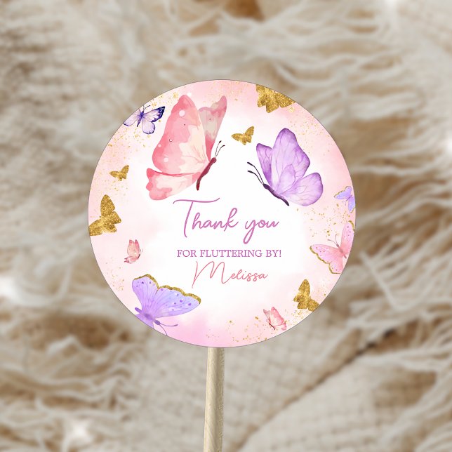 Sticker Rond Pink Purple Petit Papillon fête d'anniversaire (Pink Purple Little Butterfly Birthday Party Sticker)