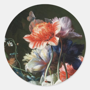 STICKER ROND PINK RED ANEMONES WHITE FLOWERS, BUTTERFLY MONOGRA