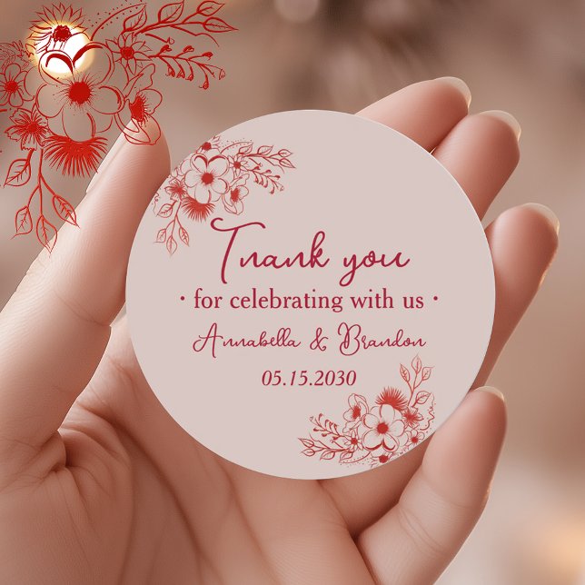 Sticker Rond Pink Red Floral Wedding Thank You (Créateur téléchargé)